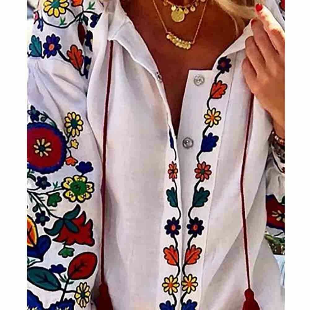 Women Casual Flower Cotton Linen Button Long Lantern Sleeve Shirt Blouse Tunic Tops Holiday Beach Wear National Feature Blouses
