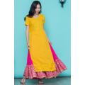 New Woman Fashion Ethnic Styles Sets Cotton India Kurtas Short Sleeves Long Yellow Thin Top Skirt