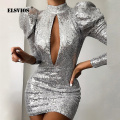Elegant Puff Sleeve Evening Party Dress Women Hollow Out Bright Shiny Bodycon Dress Lady Backless Glitter Sequin Mini Club Dress