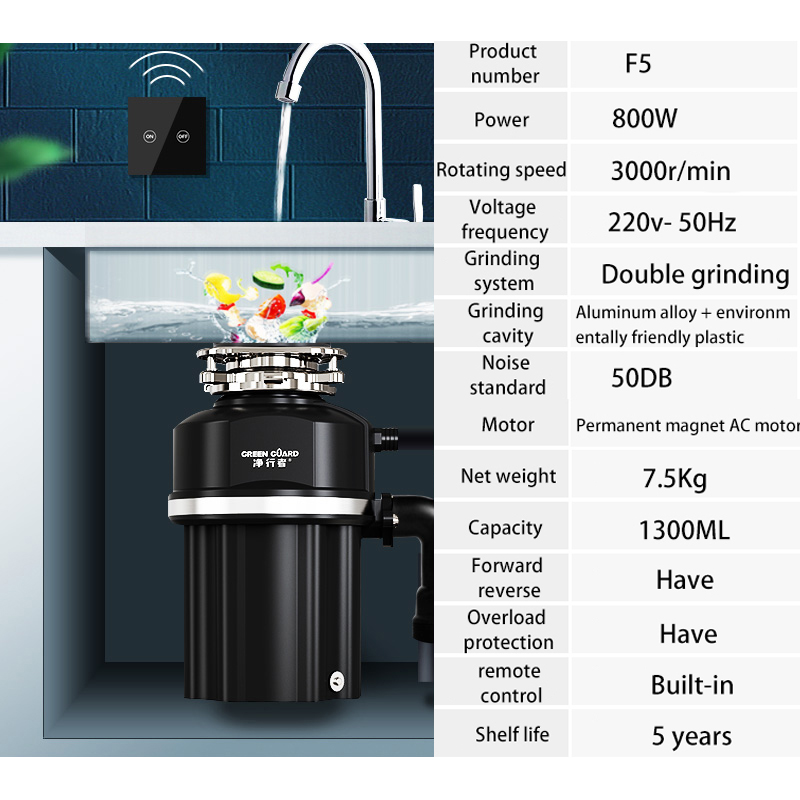 800W Wireless Switch Food waste disposer Hard Aluminum Alloy Five-level Grinder Food Garbage Processor Sink kitchen appliances
