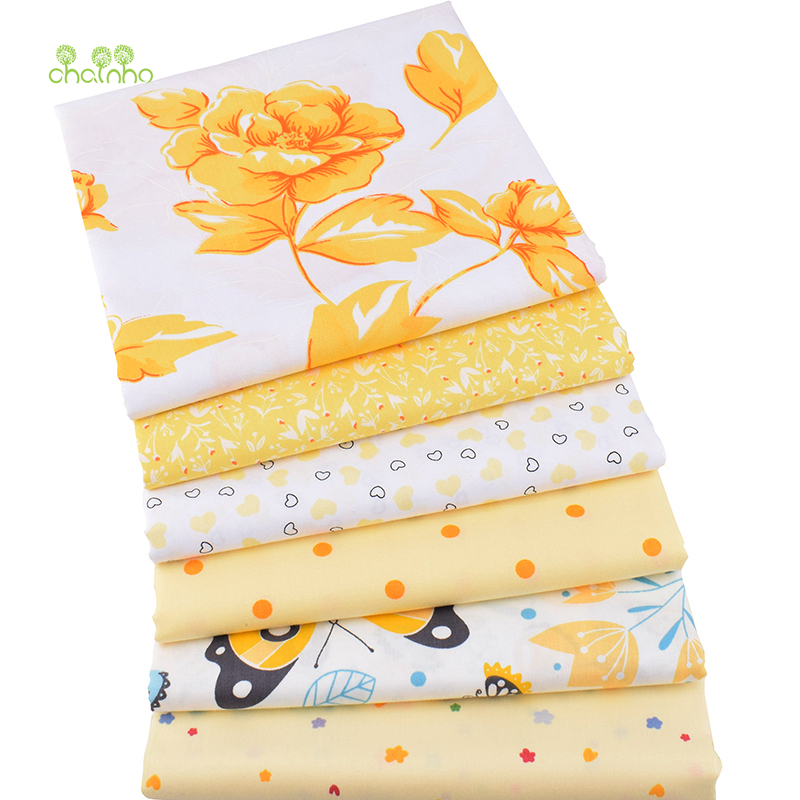 Chainho,6pcs Yellow Floral,Printed Twill Cotton Fabric,Patchwork Cloth,DIY Sewing&Quilting Fat Quarters Material For Baby&Child