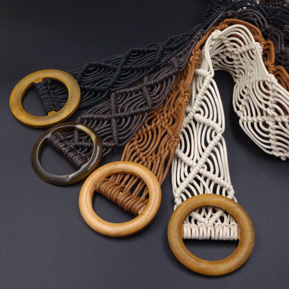 Boho Style Wax Rope Knitted Belt Round Wooden Buckle Handmade Braided Female Belt Casual Khaki Belts For Women Solid Waist Belt