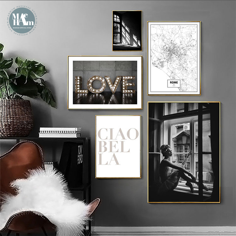 Nordic Black White Figures wall art Canvas posters Painting Prints City map wall Pictures for Living Room Morden Decor NO Frame