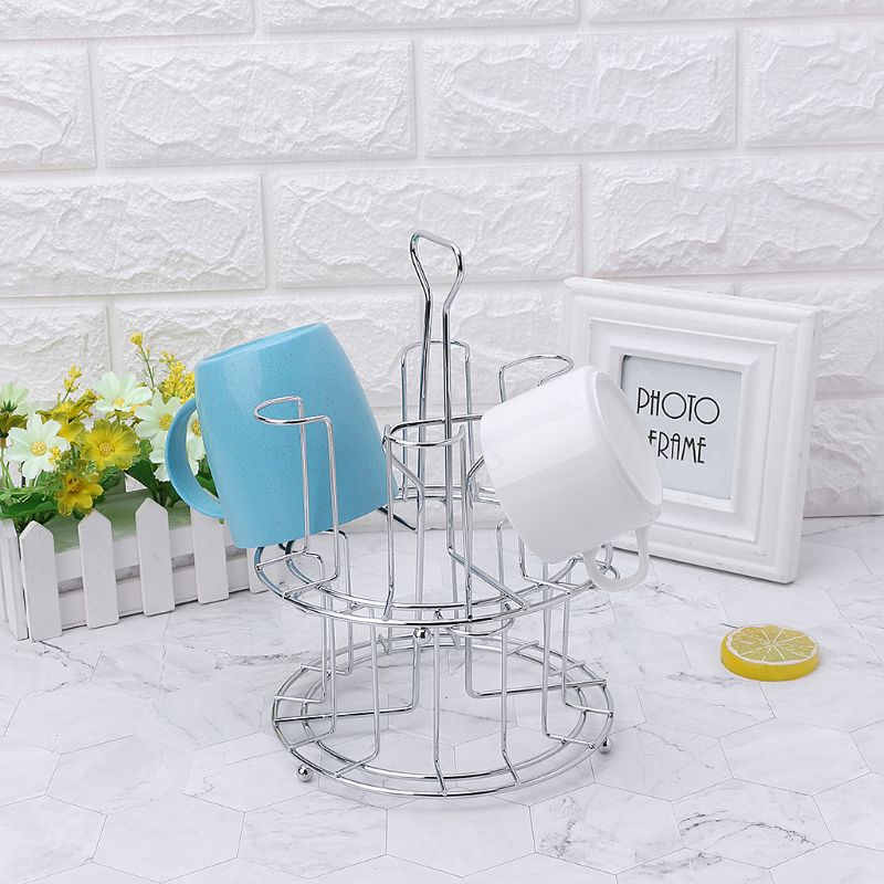 Stylish Mug Tree Iron Holder Coffee Cups Drain Organizer 6 Racks Stand Bottle Dish Drying Kitchen Living Room Accessory