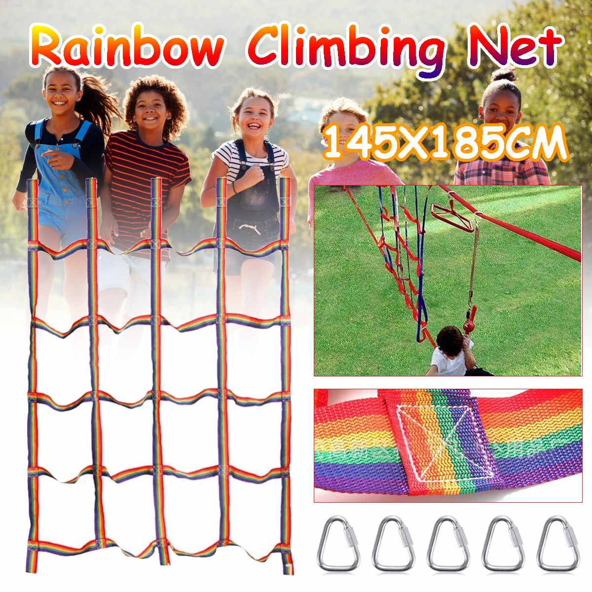 145x185cm Outdoor Children Climbing Net Rainbow Ribbon Net Physical Training Climbing Net Child Playground Swing Hanging Step