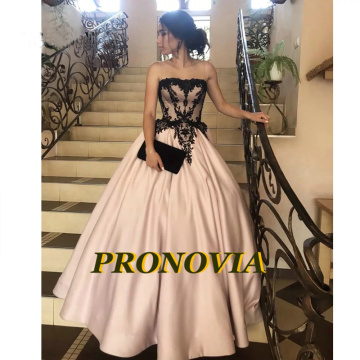 Strapless Amazing A-line Prom Dresses Black Appliques Satin Evening Party Gown Pink Sleeveless Prom Dress 2020