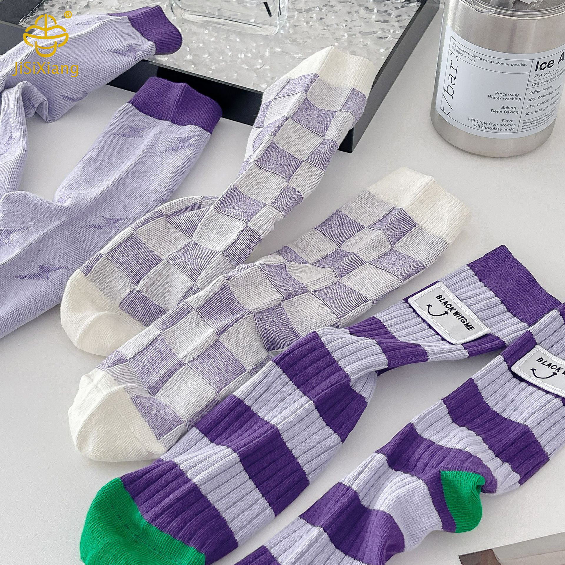 Korean checkered fabric logo with college style socks