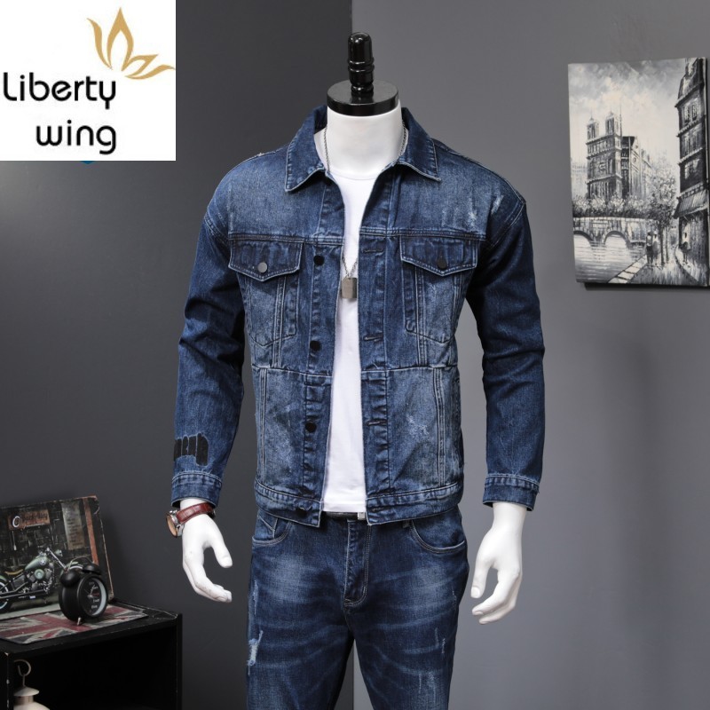 2 Men New Autumn Fashion Korean Slim Fit Denim Jackets And Jeans Casual Two piece Sets Brand Clothes Suits