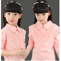 School Girls Beautiful Blouse Shirts New Autumn Fashion Kids Solid Turn-Down Lace Flower Blouses High Quality Children Cotton