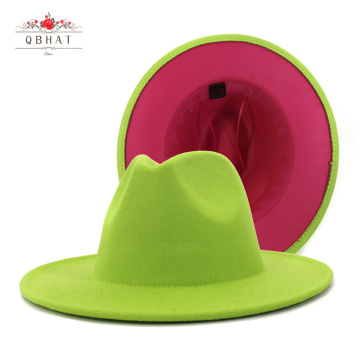 QBHAT Lime Green and Hot Pink Patchwork Jazz Felt Hat Women Men Wide Brim Faux Wool Panama Fedora Hats Party Formal Hat