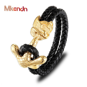 MKENDN New Fashion Ride To Live Gold Anchor Clasp Black Braided Genuine Leather Bracelet for Men Jewelry Stainless Steel Bangles