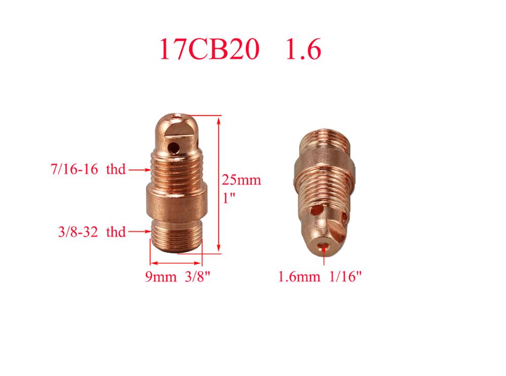 17CB20 1.6mm (2.4mm 3.2mm Optional) Stubby Collet Body TIG Welding Torch WP PTA SR 17 18 26 Consumable Accessories, 5pcs