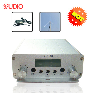 1 set 15W FM broadcast transmitter stereo PLL FM radio station 87MHz-108MHz + power supply + GP antenna wholesales