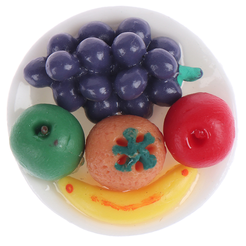 1:12 Miniature Food Fresh Fruit Platter Grape Pear Orange Peach White Dish Dollhouse Kitchen Accessories