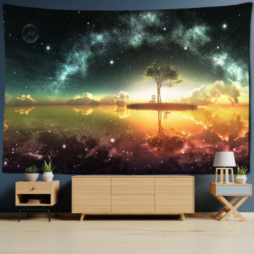 Psychedelic Vast Brilliant Starry Sky Tapestry Setting Golden Sunset Big Tree Printed Picture Cloth Home Wall Blanket Boho Decor