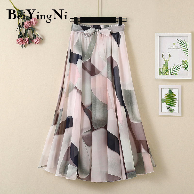 Beiyingni Casual Korean Boho Skirt Beach Chiffon Summer Sashes High Waist Long Maxi Bohemian Skirt Woman Floral Print Pleated