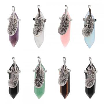 Natural Stone Hexagonal Prism Silver Feather Alloy Pendant Gemstone Hexagon Healing Point Chakra Pendant Crystal Charm Pendant