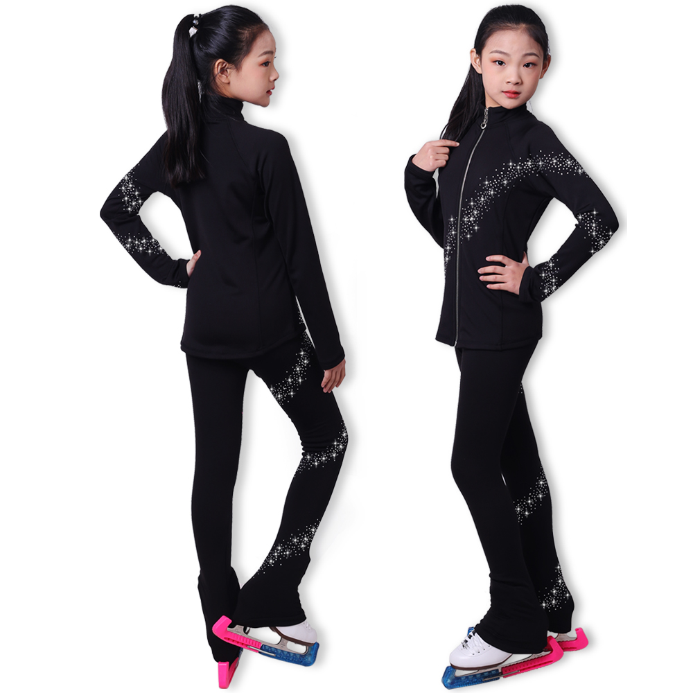 Customized Figure Skating Suits Jacket and Pants Long Trousers for Girl Women Training Ice Skating Warm black pink Mesh sleeve