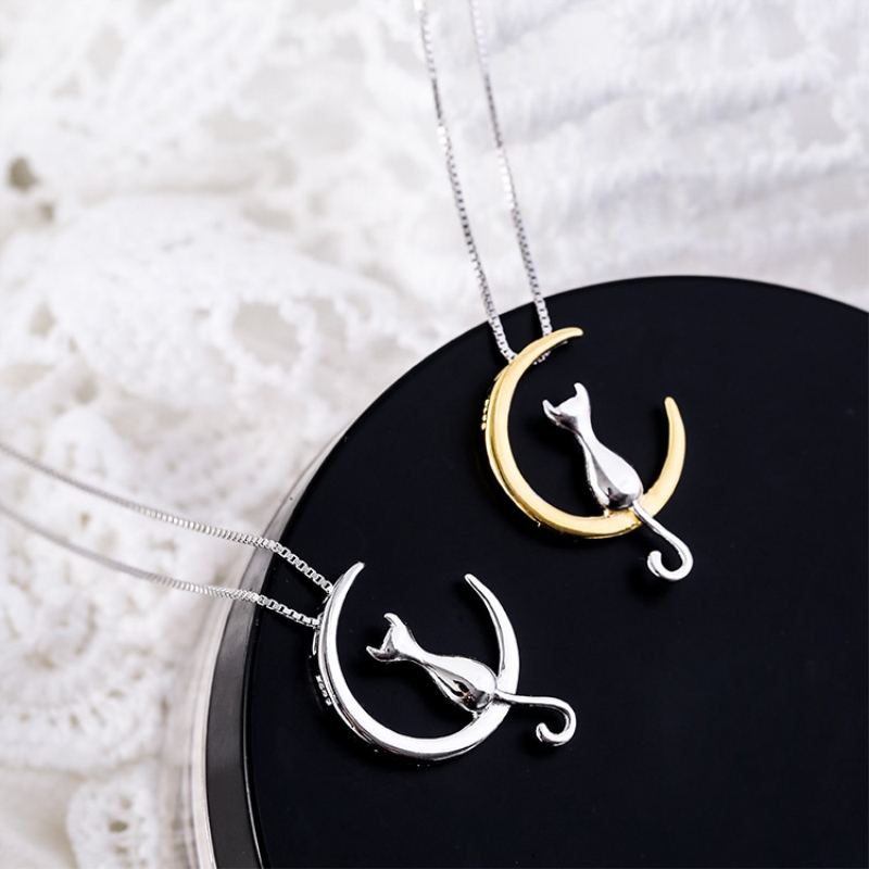 Sweet Moon Cat Korean 925 Sterling Silver Temperament Personality Fashion Female Jewelry Necklace SNE025