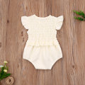 Baby Girls Elastic Slim Jumpsuit, Solid Color Round Neck Fly Sleeve Bodysuit Playsuits for Girls, Off-White/Yellow/Pink
