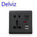 Delviz EU Standard Usb Socket, Gray Embedded Panel,2.1A Dual USB Port, AC 110-250V, UK Wall Power Socket Universal 5 Hole Outlet