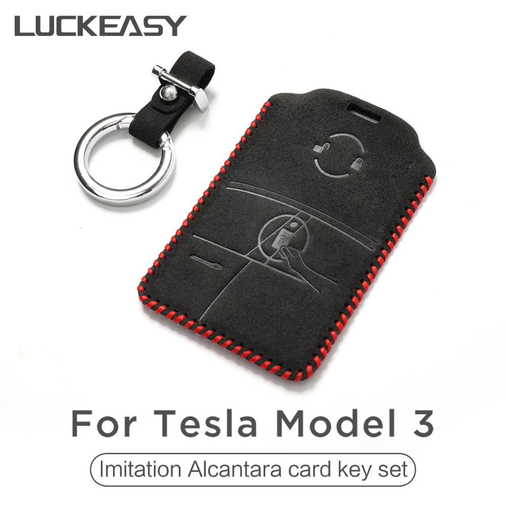 LUCKEASY Card Cover Keychain Holder Keychain for Tesla Model 3 2017-2021 Imitation Alcantara card key set