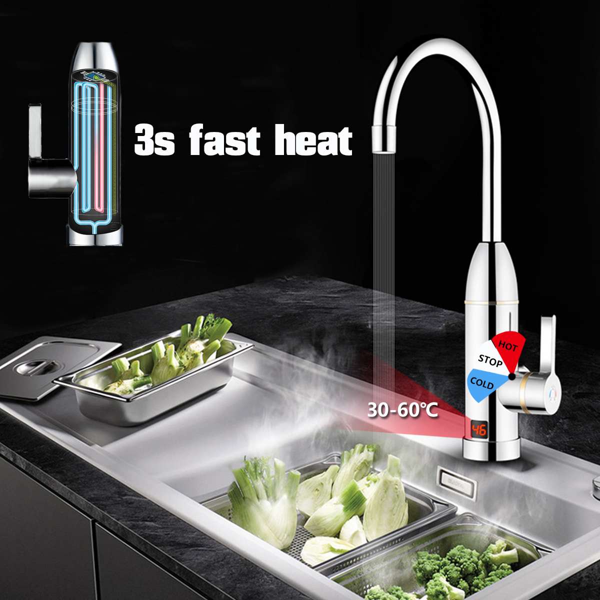 Home 220V 3000W Instant Electric Faucet Tap Hot Water Heater Stainless Steel Under Inflow LED Display Bathroom Kitchen