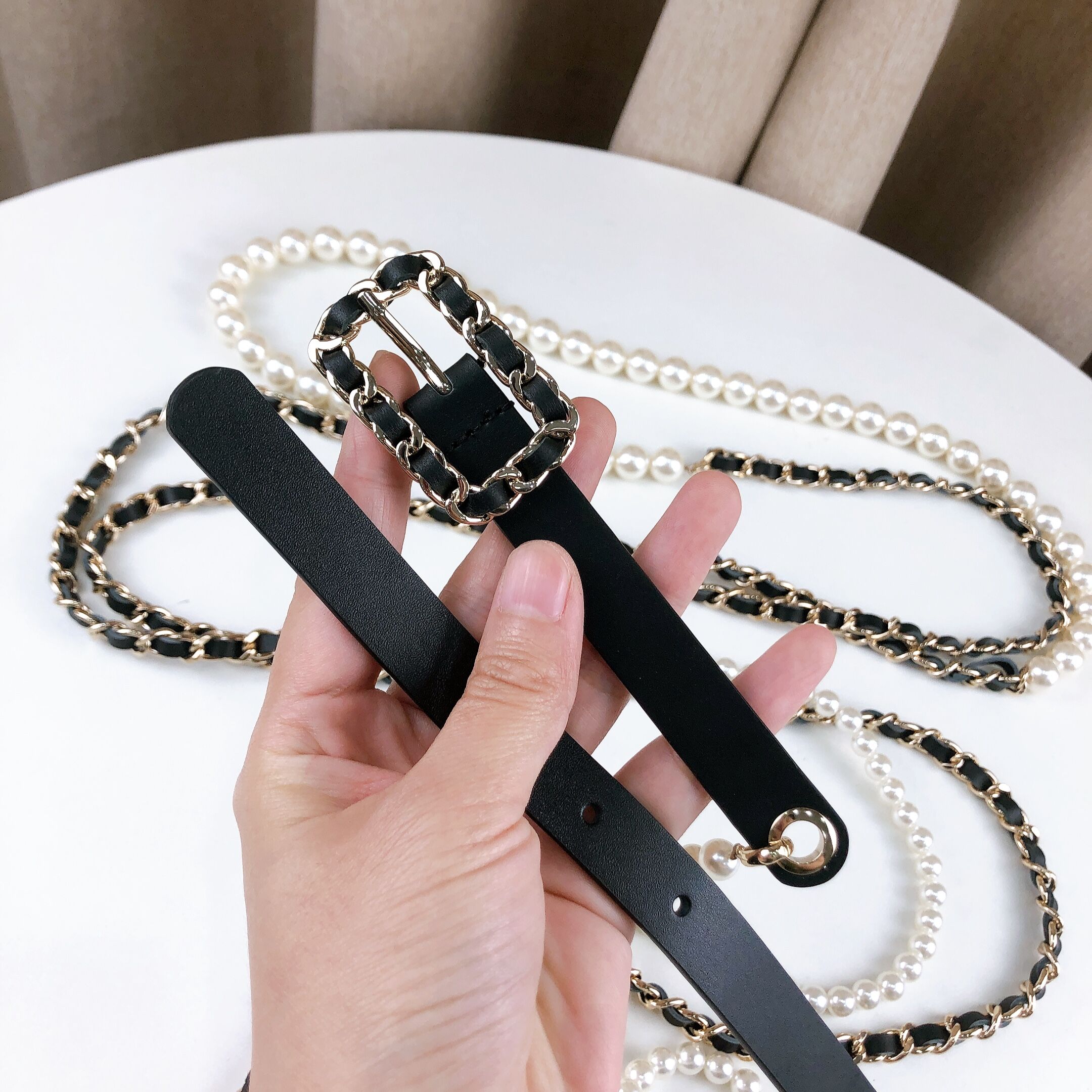Luxury Brand Designer Pearl Waist Chain Long Belts For Women Cinturones Para Mujer Jeans Dress Belt Woman Aesthetic Accessories