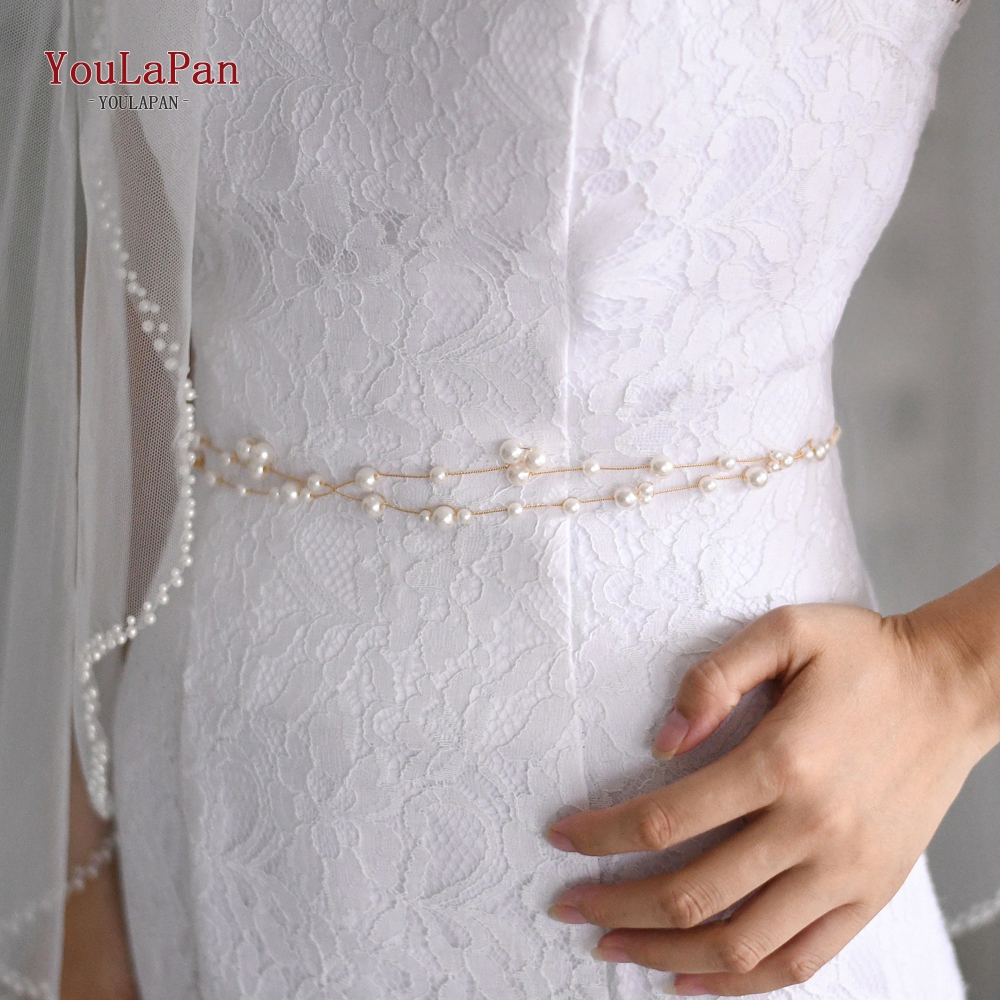 TOPQUEEN SH36 Golden Pearl Bead Belt Girls Belts Cheap Dress Belts Ivory Wedding Dress Belt for Bridesmaid Waist Metal Belt