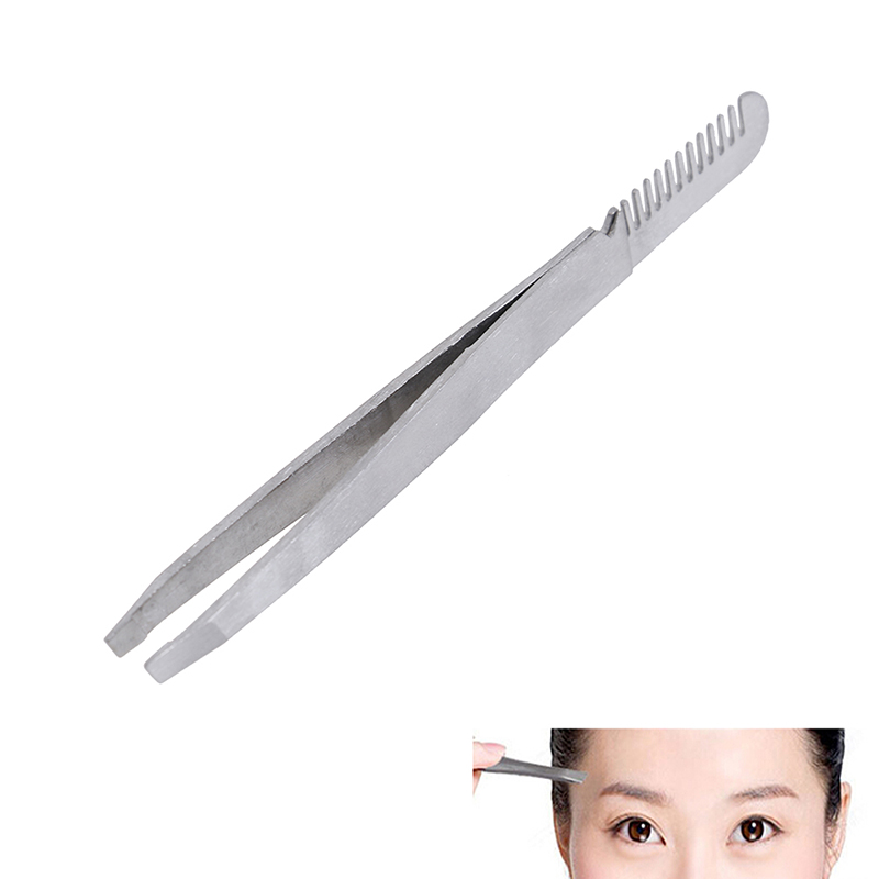 1pc Eyebrow Tweezer with Eyebrow Brush Comb Stainless Steel Eyelashes Extension Tweezers Double Eyelids Pinzette Clip