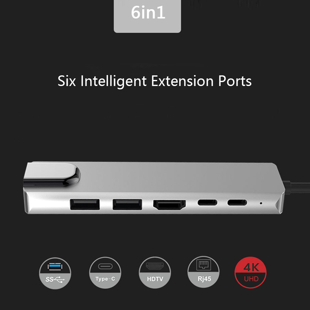 6 in 1 Aluminum Alloy USB 3.0 Ports Type-C Hub Usb-C to 4K HD Laptop Rj45 Gigabit Ethernet Network PD Hub