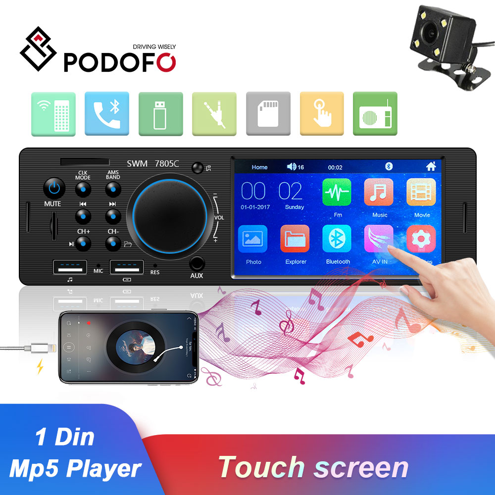 Podofo 1 Din Car Radio Autoradio FM Bluetooth Multimedia MP3 MP5 Player 4.1" Inch Car Stereo 12V Auto Audio USB Remote Control
