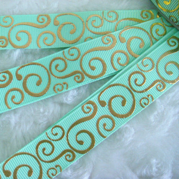 5 Yard 22mm Grosgrain Ribbon Printed Metallic Golden Swirl Twirl Motif Light Green DIY Sewing Craft 1214 NEW
