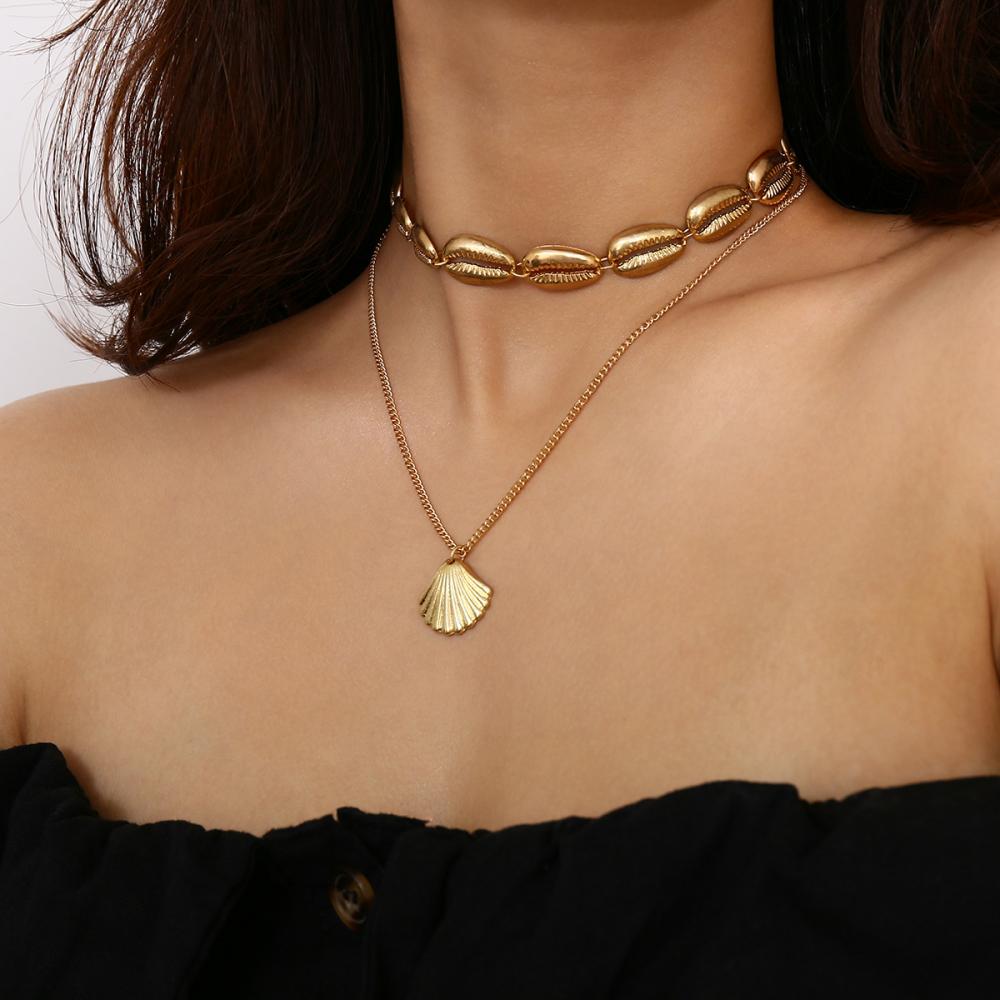 Double Hawaiian denim seashell pendant necklace choker jewelry Bohemian beach tassel necklace women