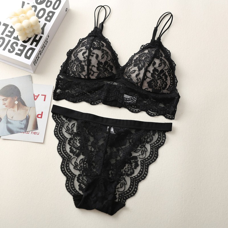 Transparent Lace Lingerie Set Sexy Embroidery Women Brassiere Padded Underwear Push Up Bra and Panty Sets