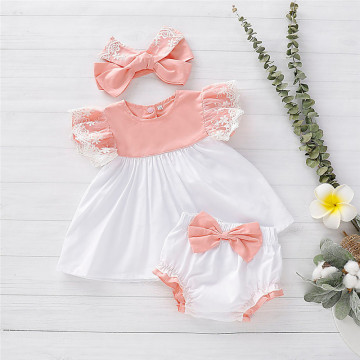 Newborn Infant Baby Girls Dress Solid Kids Short Sleeve Dress +Headband+Bow PP Shorts Outfits Set Clothes For 3-24 Month