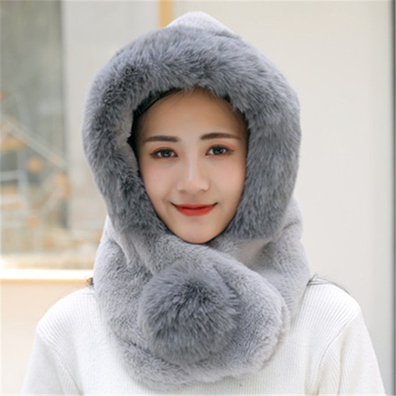 Hot Sale Female Winter Knitted Hats Add Fur Lined Warm Winter Hats For Women Keep Neck Ear Warmer Balaclava Pompoms Cap