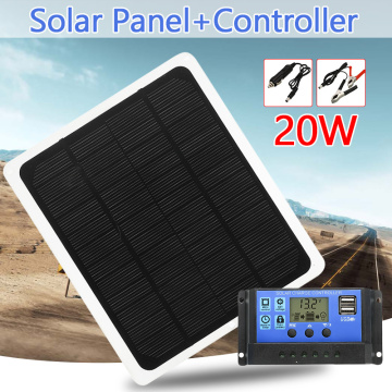 20W 12V Dual USB Solar Panel with Car Charger + 10/20/30/40/50A USB Solar Charger Controller for LED Light Outdoor Camping