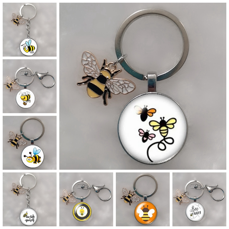 Cute Insect Bee Keychain Fashion Geometric Honeycomb Honey Bee 3D Printed Glass Dome Key Ring Chain Bumble Bee Trinkets