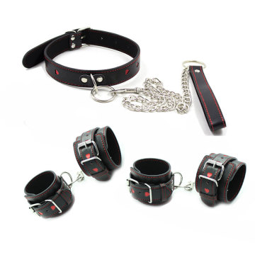 New Style Metal Leather Sex Toys For Adults Handcuffs + Ankle Cuffs + Collar Chian Bdsm Bondage Adult Erotic Games