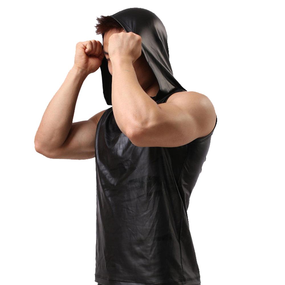 Men Clothes Sexy Mens Undershirts PU Leather WetLook Sleeveless Hooded Vest Tops Boxer Shorts Underwear Stage Dance Clubwear New