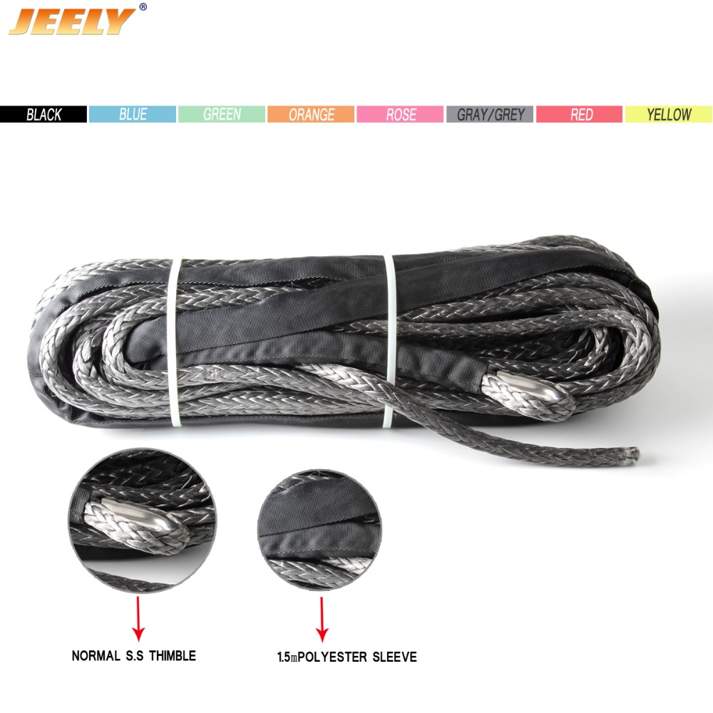 JEELY 6mm*24m/30m/50m 12 strand off-road uhmwpe synthetic towing winch rope with 1.5m sleeve and thimble for ATV/UTV/SUV/4X4/4WD
