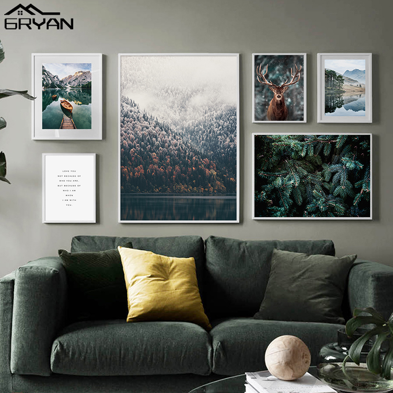 Nordic Snowing Landscape Forest Deer Poster Animal Lake Boat Christmas Leaves Snow Mountain Prints Painting Nature Picture Decor