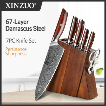 XINZUO 7 PCS Kitchen Knives Sets Damascus Steel Chef Knife Sets Stainless Steel Kitchen Scissors Acacia Wood Knife Block Holder