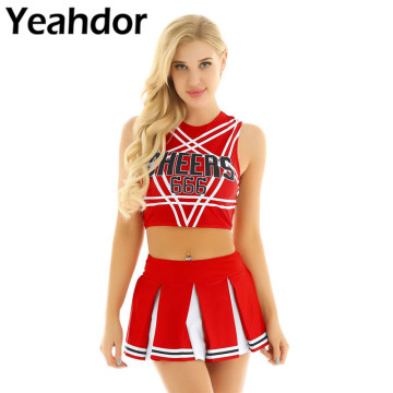 2Pcs Womens Adult Cheerleader Uniforms Cheerlead Cosplay Costume Set Pentagram Back Sleeveless Crop Top with Mini Pleated Skirt