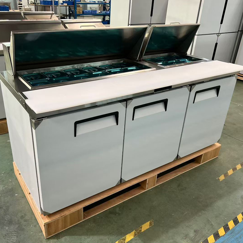 commercial sandwich prep refrigerator with cooled ingredient pan