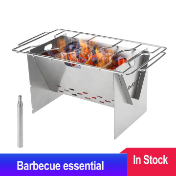 Camping Wood Burning Stove BBQ Grill Basket Barbecue Grill Skewers Outdoor Backpacking Cooking Stove with Grill Plate and Bellow