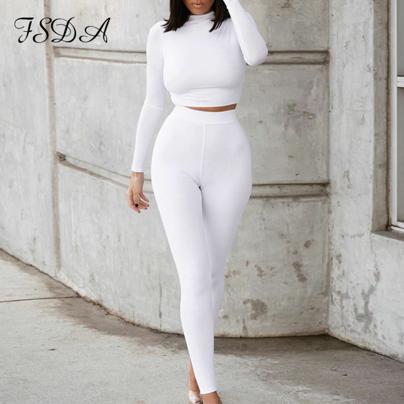 FSDA 2020 Autumn Women Set White Long Sleeve Crop Top And Biker Pants Leggings Sport Two Piece Set Casual Streetwear Tracksuit