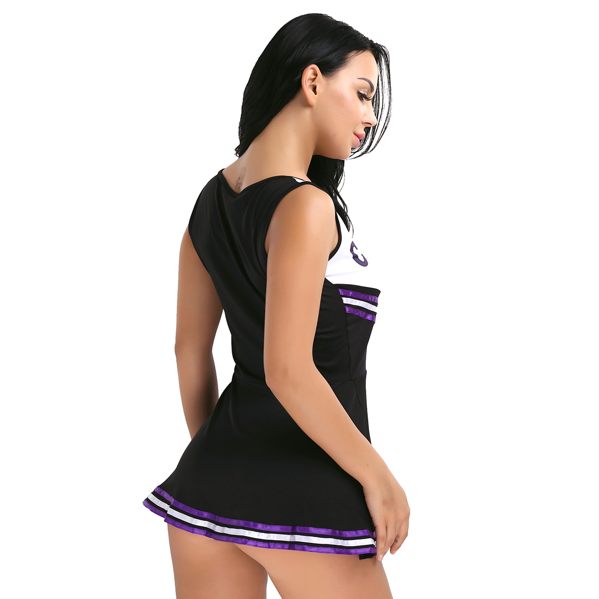 Womens Cosplay Party Costume Cheerleader School Uniform Sleeveless Round Neck Printed "CHEERS" Letters Fancy Mini Striped Dress