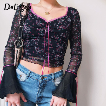 Darlingaga Vintage Floral Print Mesh Top Female T-shirt Lace Patchwork Flare Sleeve Autumn T shirt Transparent Frill Cropped Tee
